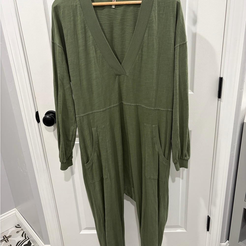 FP Movement by Free People Olive V-Neck Long Sleeve Jumpsuit